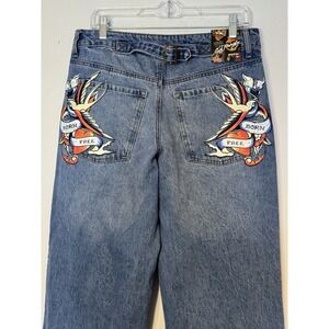 ED HARDY Jeans Free Birds Womens 30 Buckle Back Loose Baggy Wide Leg Skater NEW